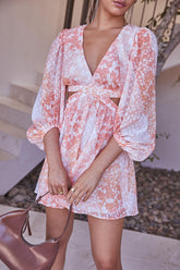 Chiffon Cut Out Paisley Print Deep V Neck Lantern Sleeve A-Line Vacation Mini Dresses